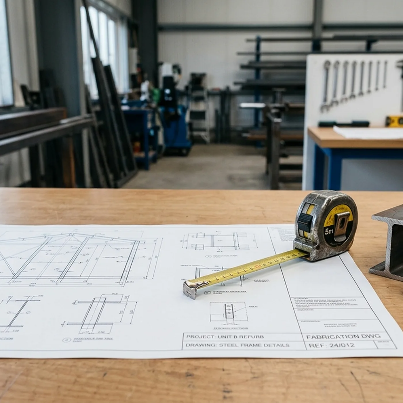 Structural steel fabrication drawings and a tape measure on a workshop bench, ready for a DRST Trading quote