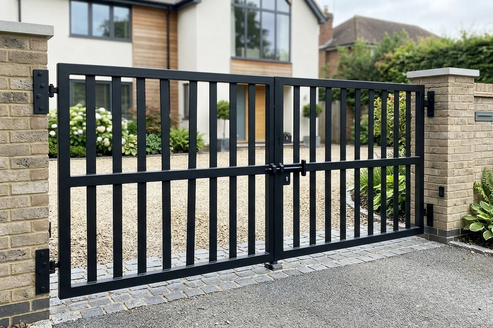 Bespoke fabricated steel driveway gate installed at a UK property