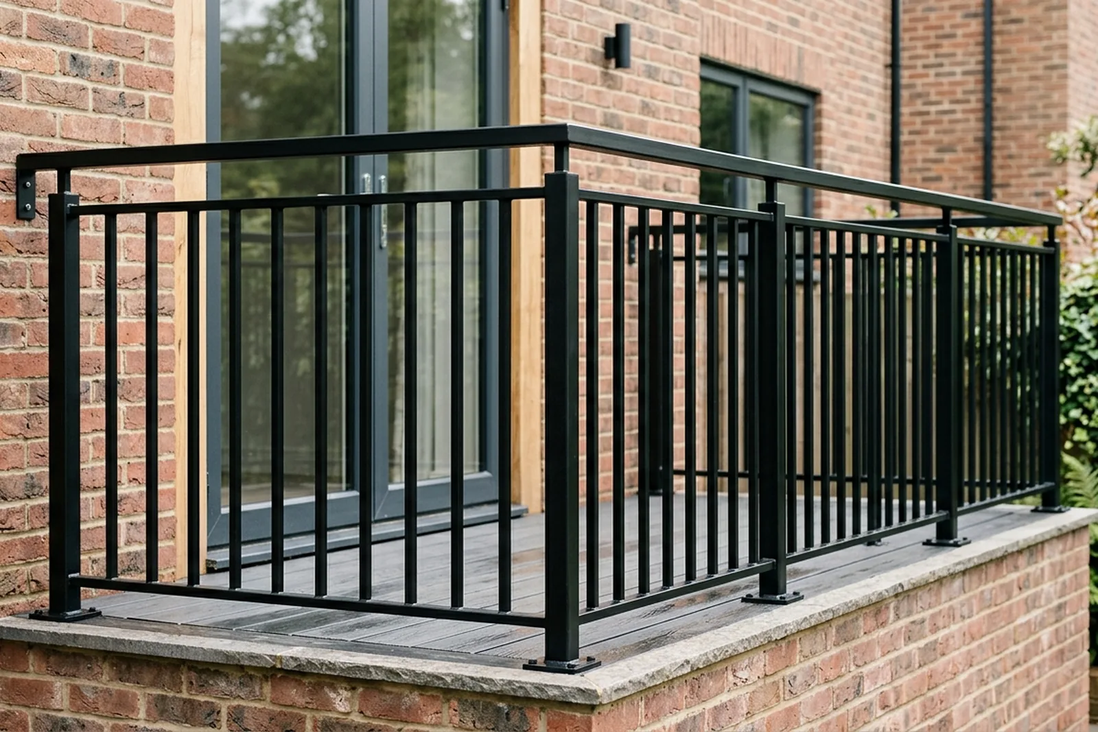 Bespoke black steel balcony railing installed on a UK property