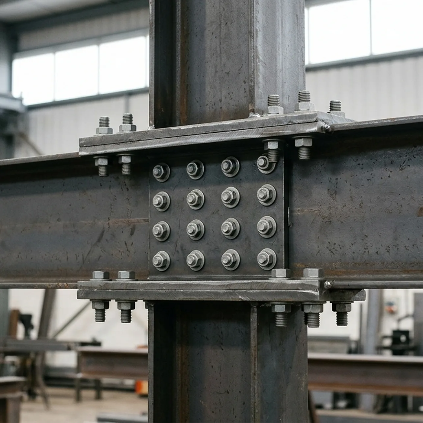 Bolted structural steel beam connection — fabricated to engineering drawings