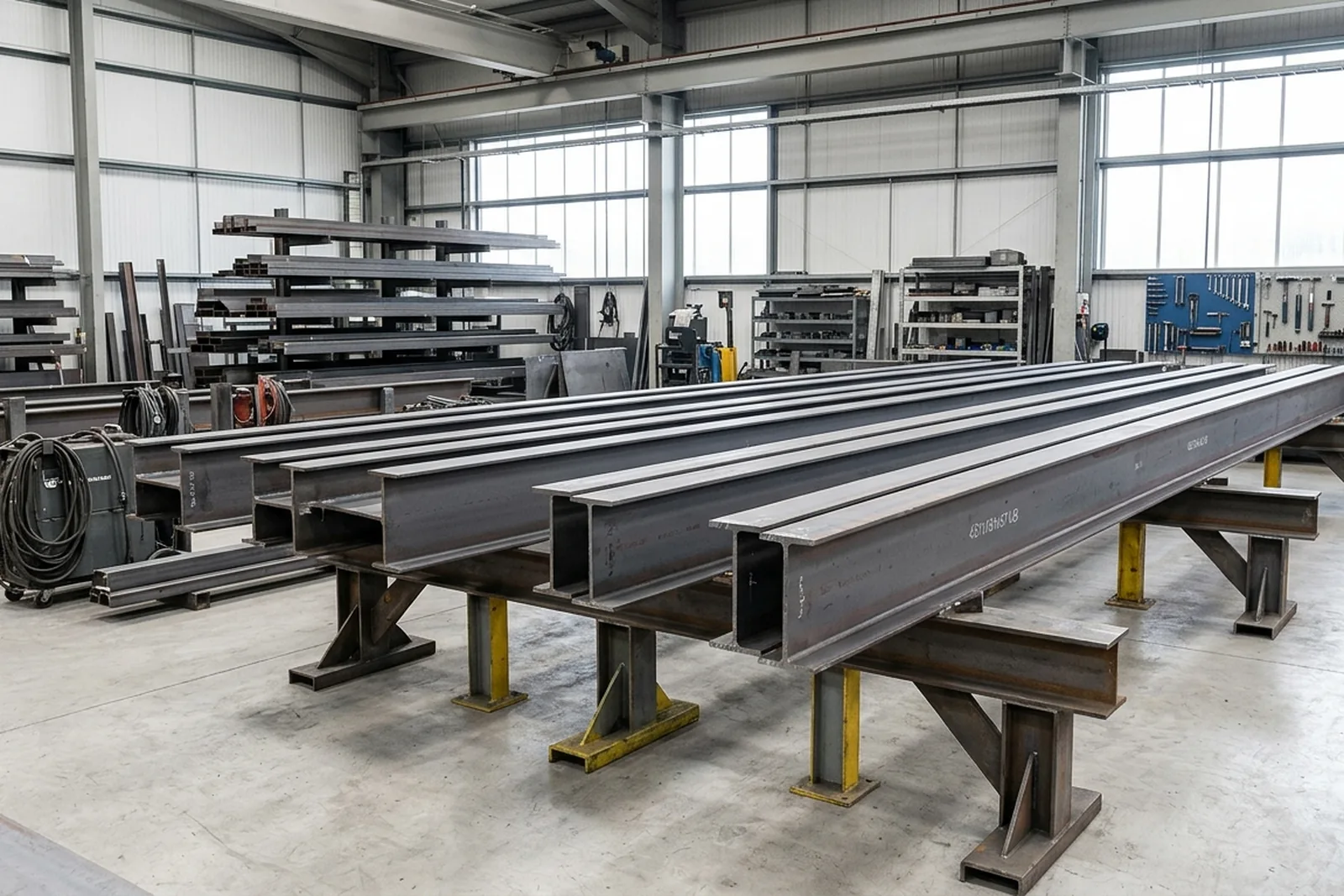 Structural steel sections on fabrication stands in the DRST Trading workshop