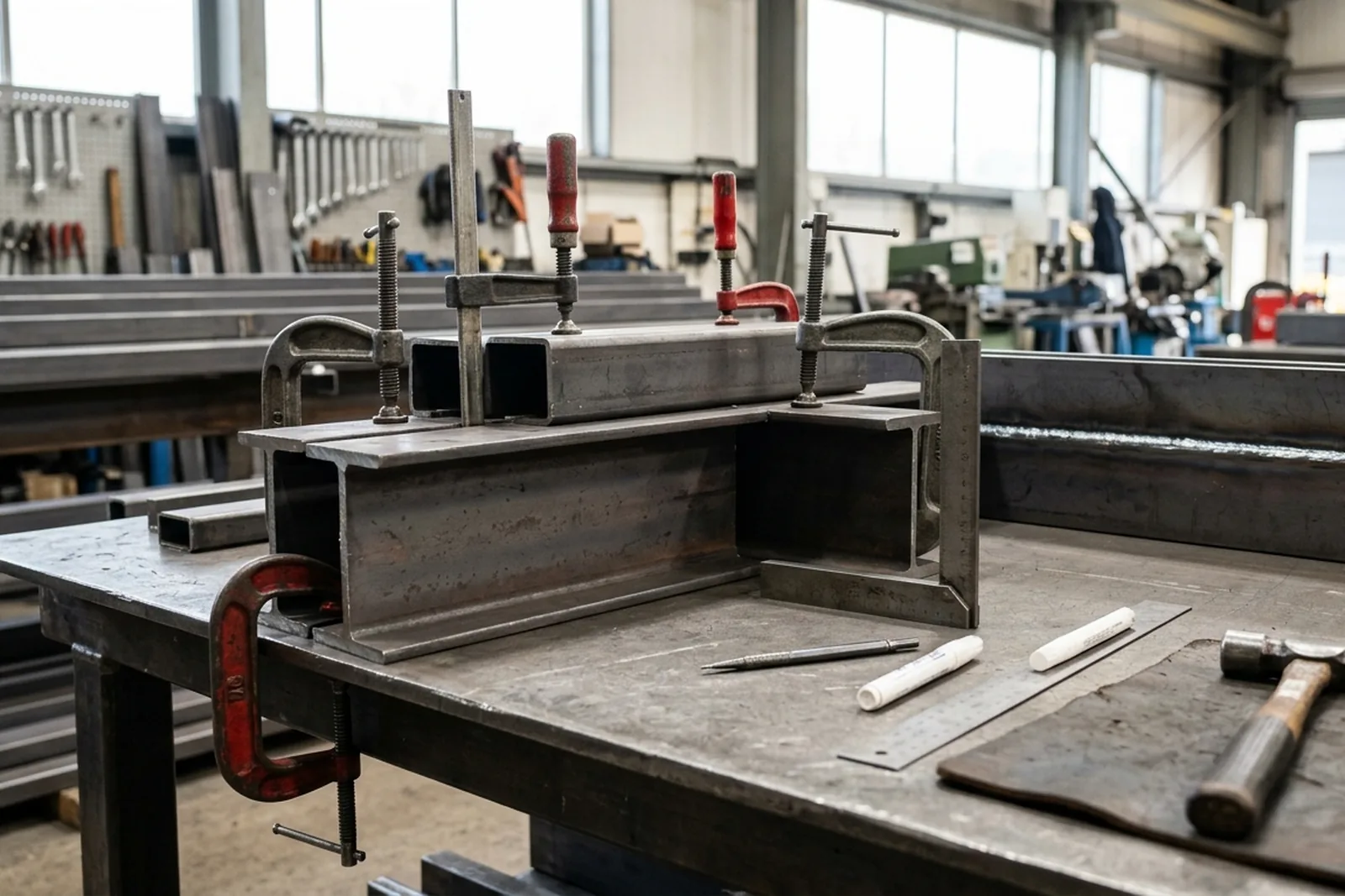 Steel sections clamped on a workshop bench with engineer's square and tape measure